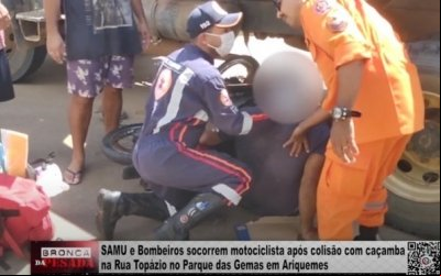 SAMU e Bombeiros socorrem motociclista após colisão com caçamba na Rua Topázio no Parque das Gemas em Ariquemes – Vídeo